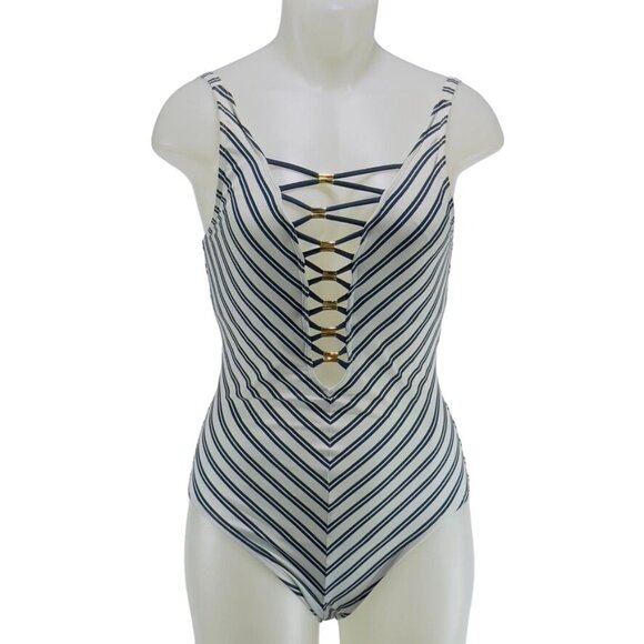 BLEU ROD BEATTIE Women's Swimsuit 1 Pc Nylon Striped Blue White Open Back Size 4 - Picture 1 of 10